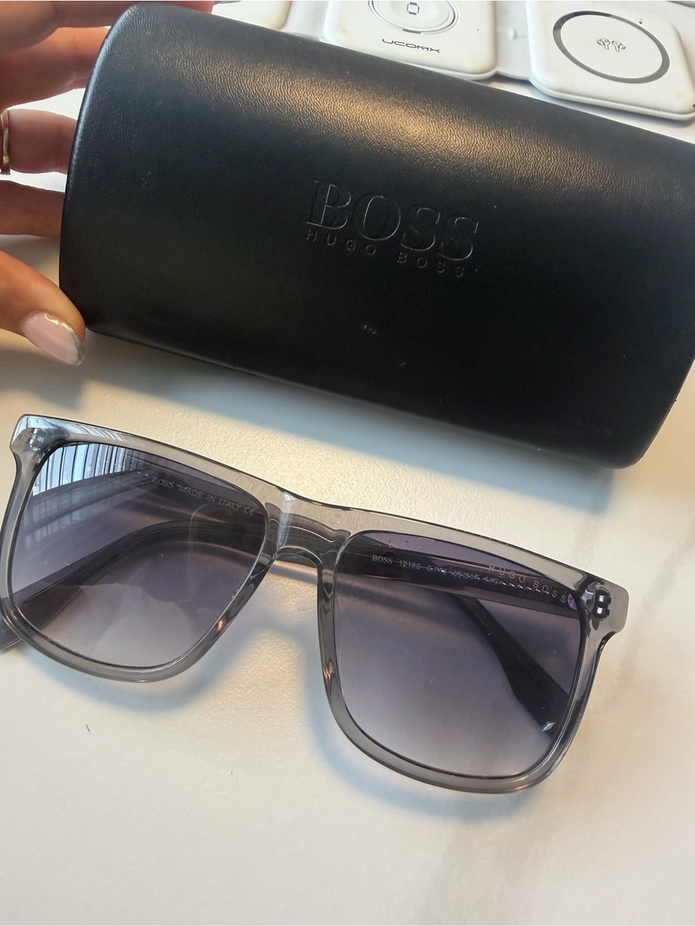Hugo Boss Transparent Gray Square Sunglasses with Gradient Lenses